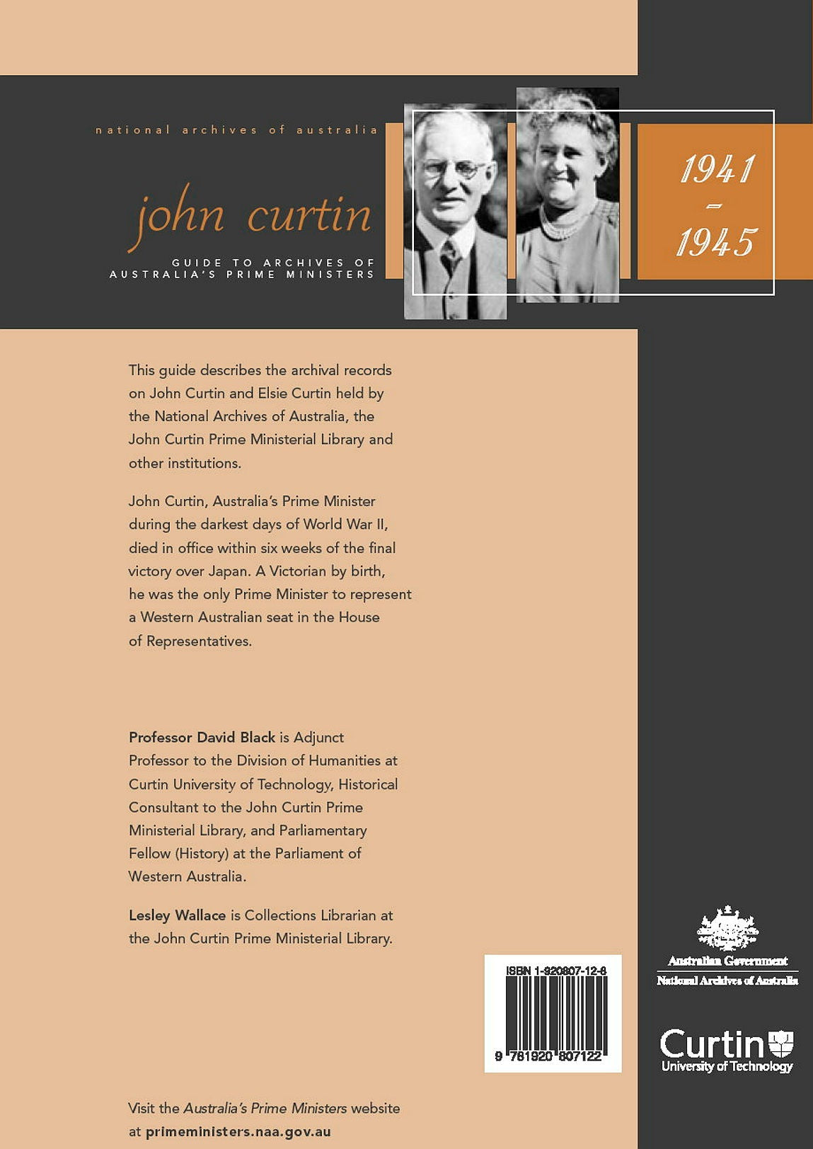 Back cover of a guide about John Curtin and Elsie Curtis, with text and a photo of the two individuals.