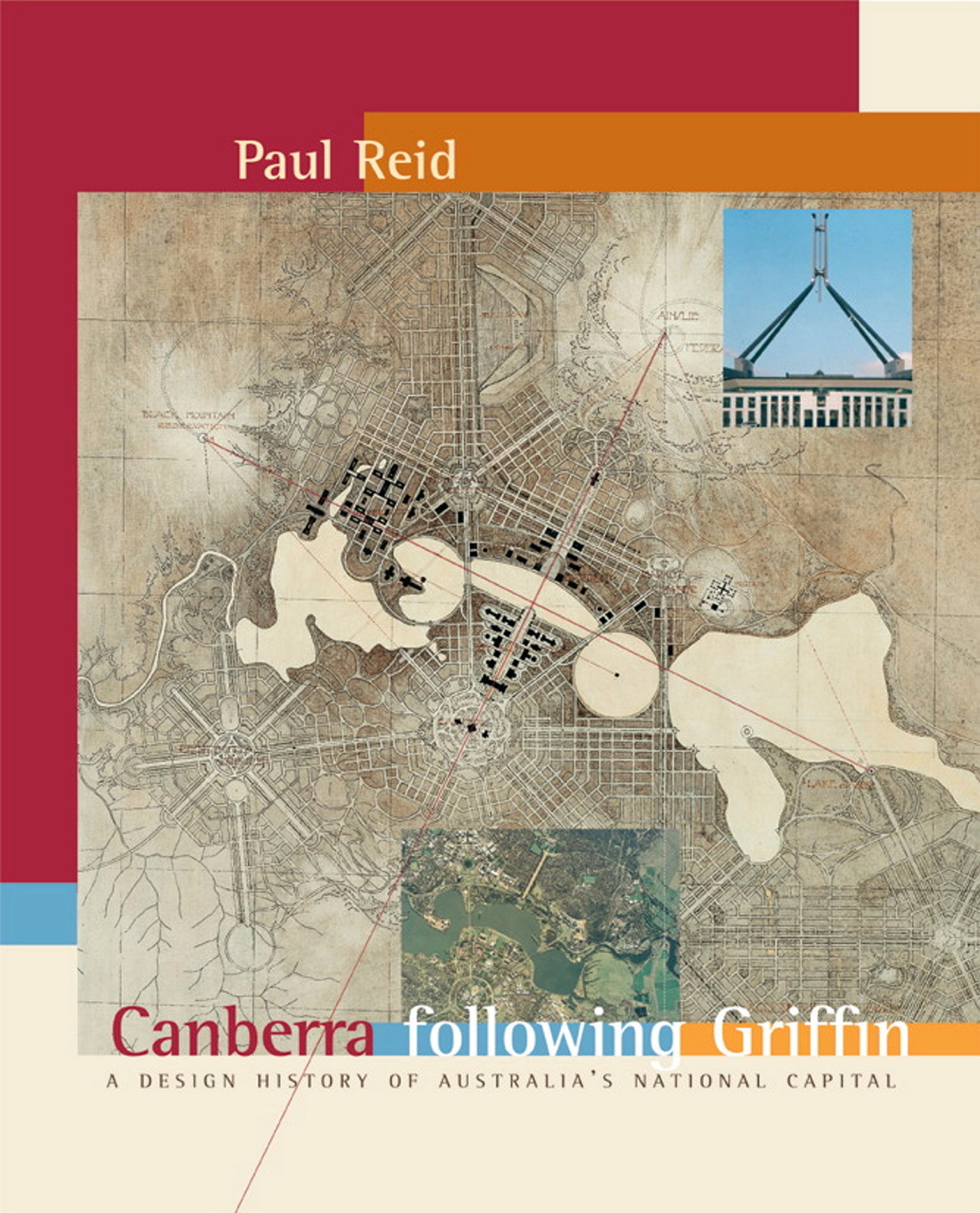 Book cover of 'Canberra Following Griffin' by Paul Reid, featuring a map and a building illustration.