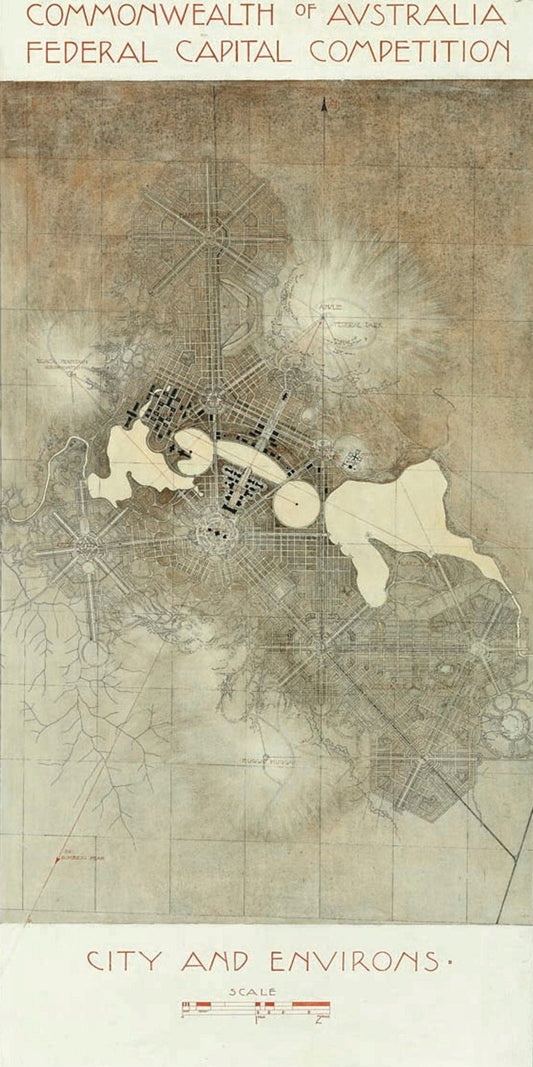 Vintage map of a city layout with text 'Commonwealth of Australia Federal Capital Competition' at the top.
