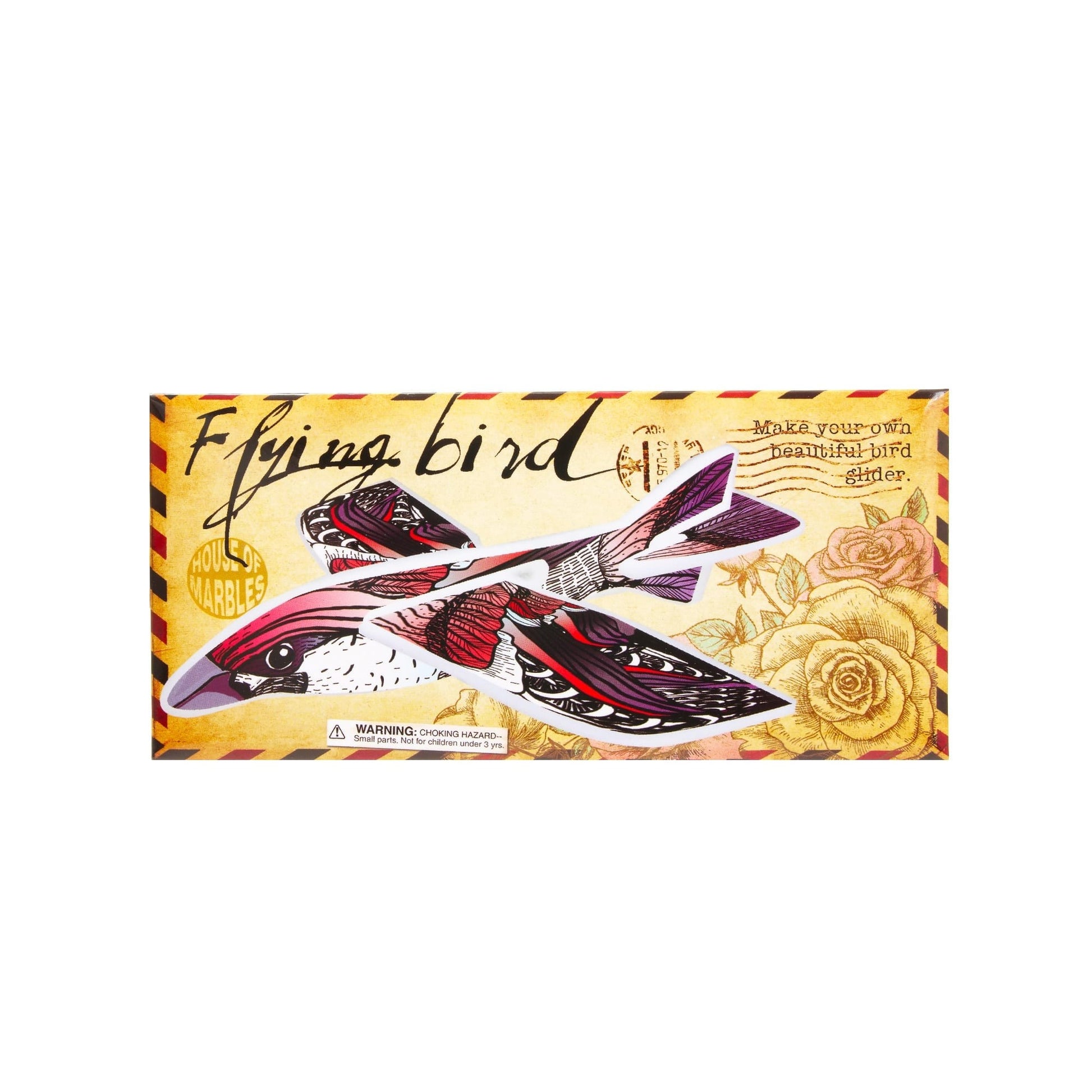 Box of 'Flying bird' model with colorful design on a white background