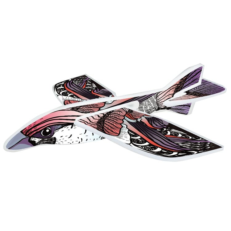 Decorative bird model with pink and purple patterns on a white background