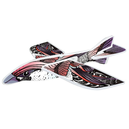 Decorative bird model with pink and purple patterns on a white background